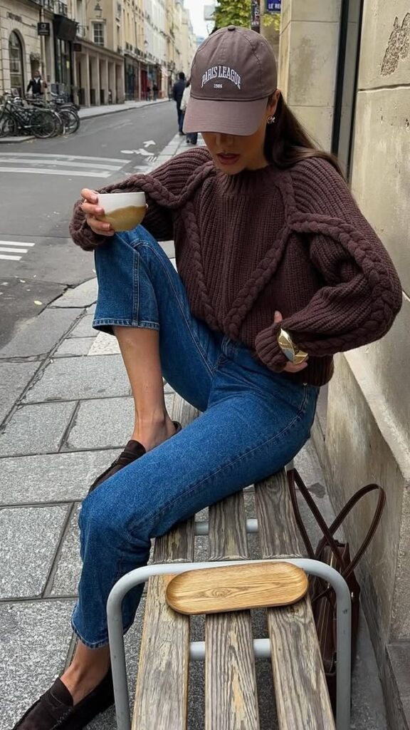 sweater blue denim jeans for fall chic style
