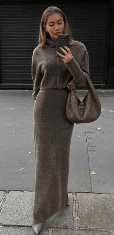 sweater long skirt with short wool cardigan and boots - september fall outfits