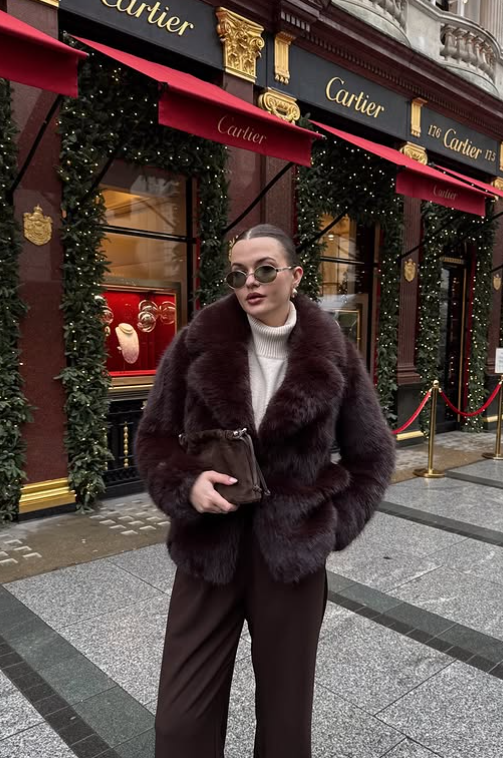 winter fur jacket with brown tailored trouser