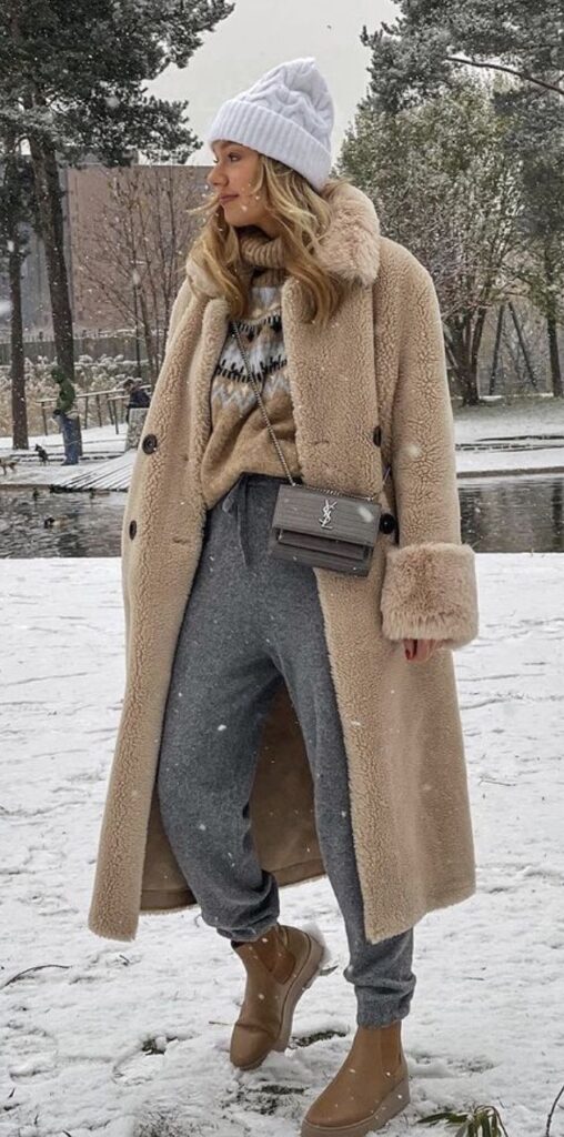 Brown teddy coat outfit winter casual wear