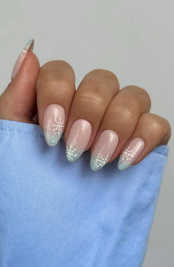 Christmas nails icy blue sparkle nail design snow star nail art
