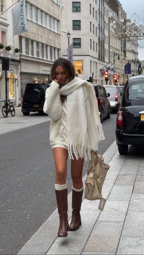 London winter outfits neutral chunky knits and boots