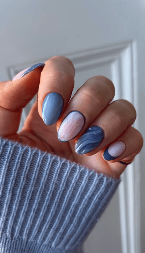November nail design, blue swirl nails
