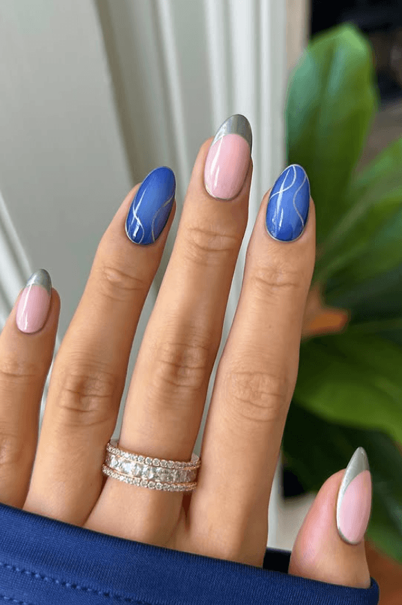 autumn blue nails with grey French tip