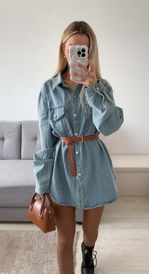belted denim short dress with ankle boots