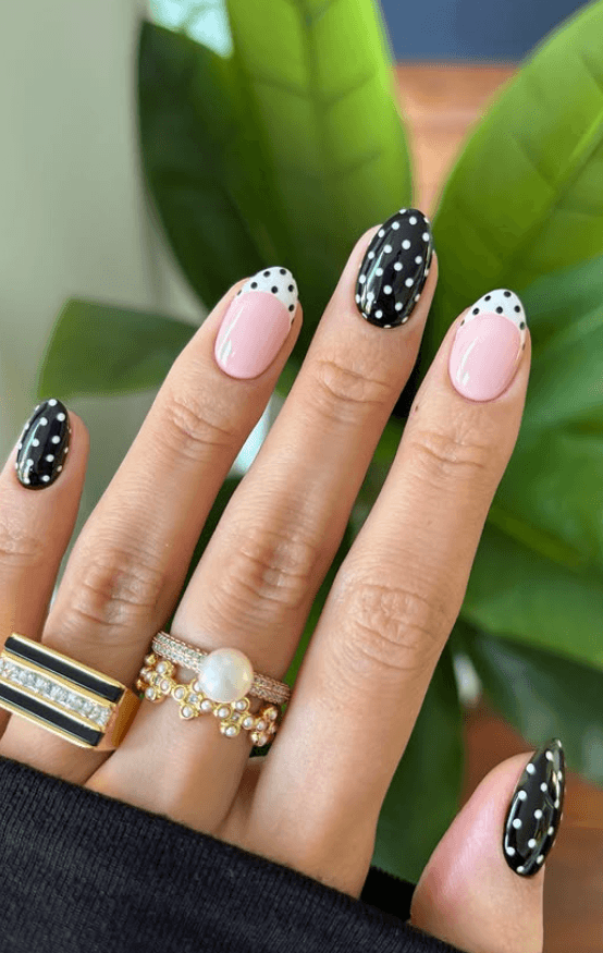 black and white polka dot nails