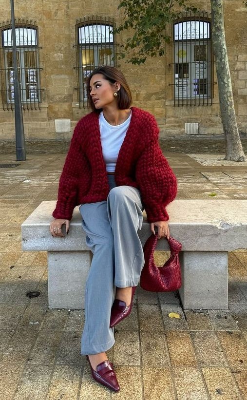 burgundy cardigan outfit for fall winter style