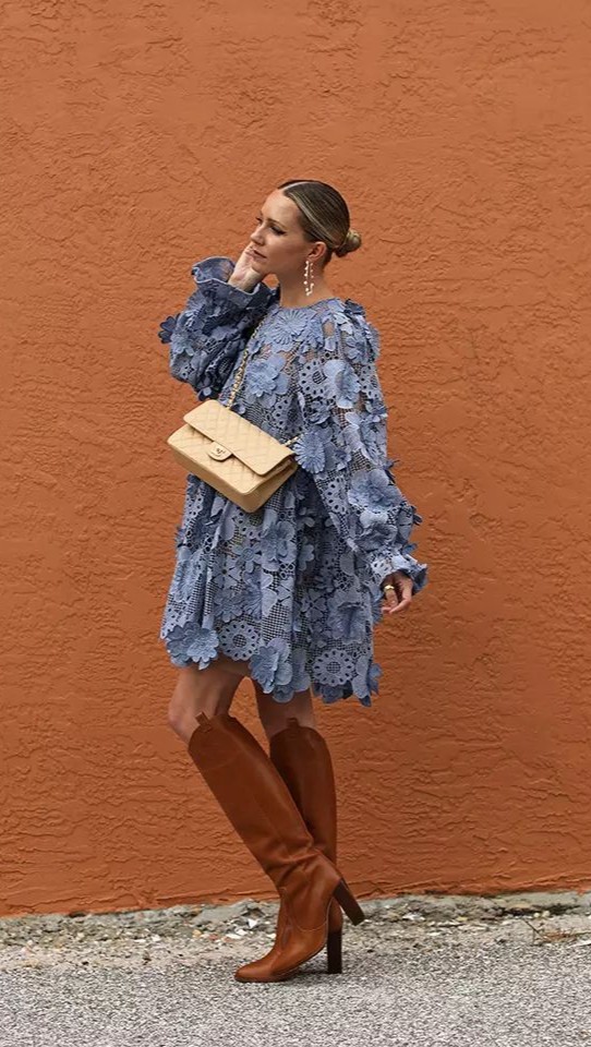 fall floral dress with cowboy boots