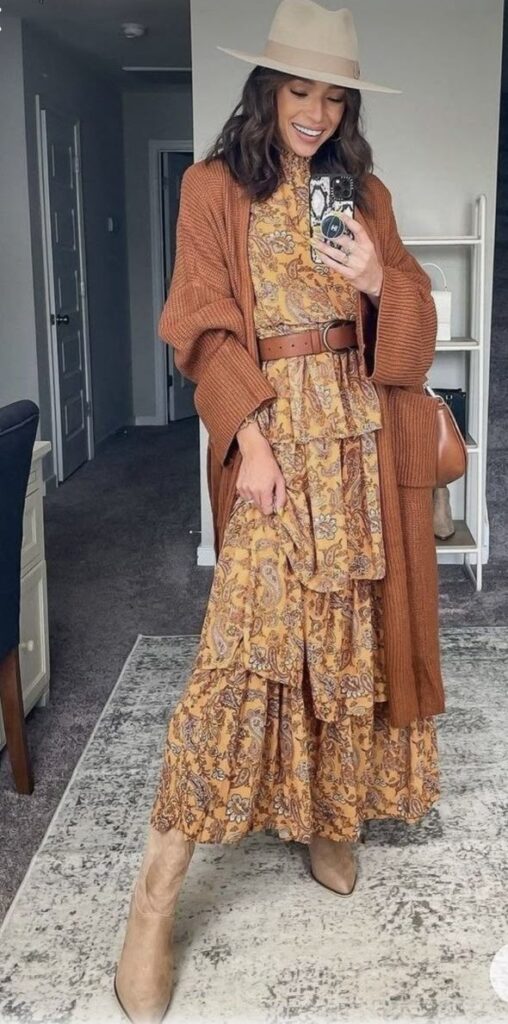 fall maxi long dress with cowboy hat and boots