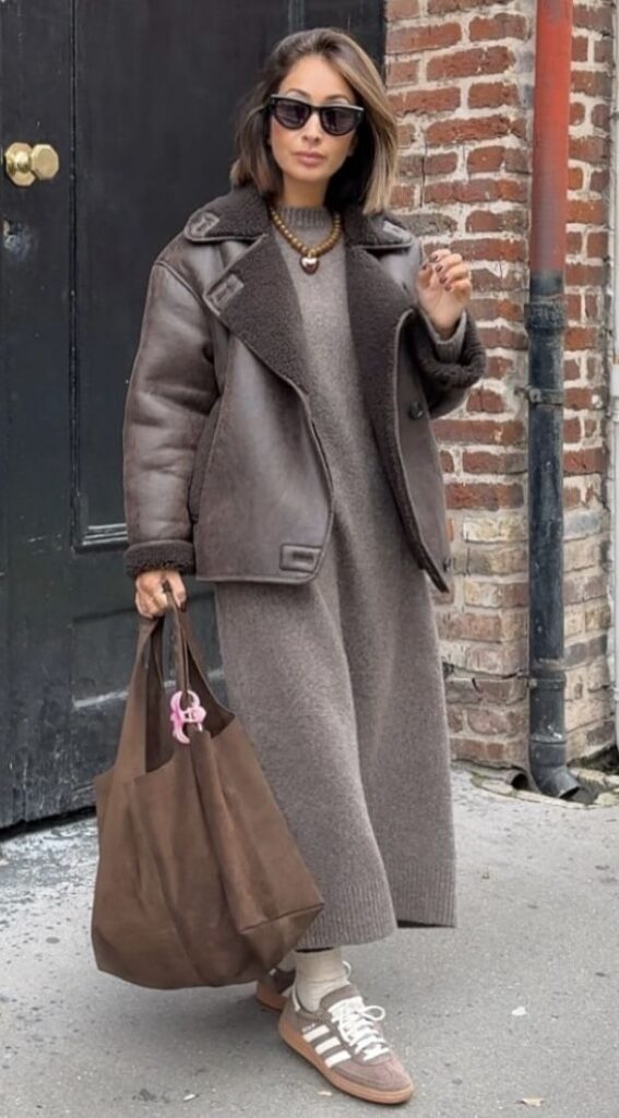 fall winter wool dress and leather jacket