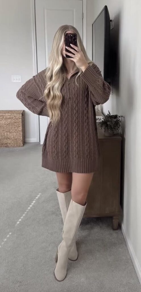 oversized cable knit dress with suede boot
