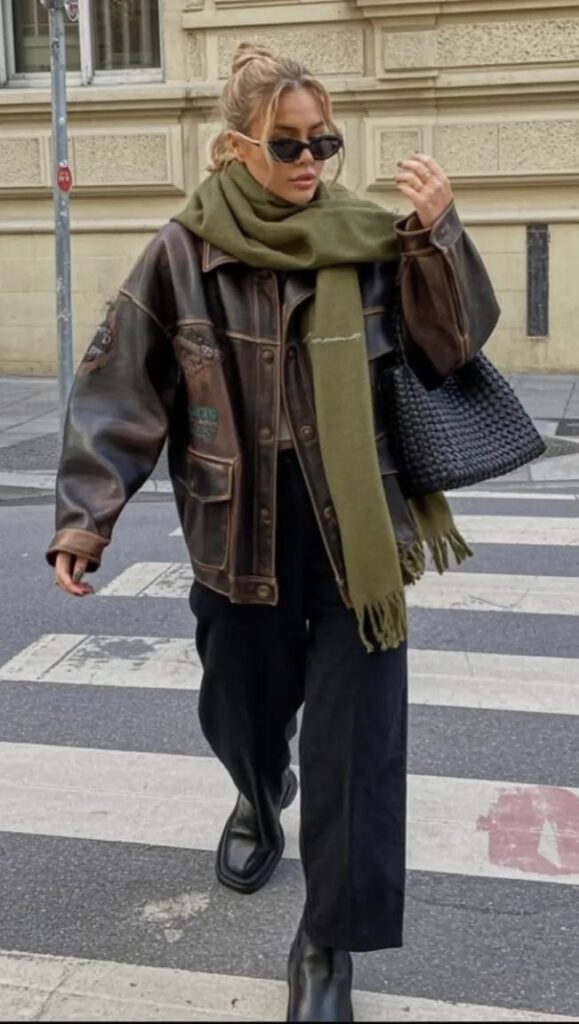 oversized leather jacket winter outfit cold weather