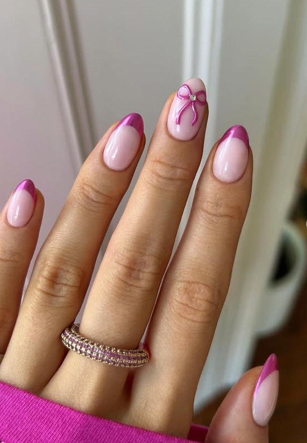 pink bow Christmas French tip nails