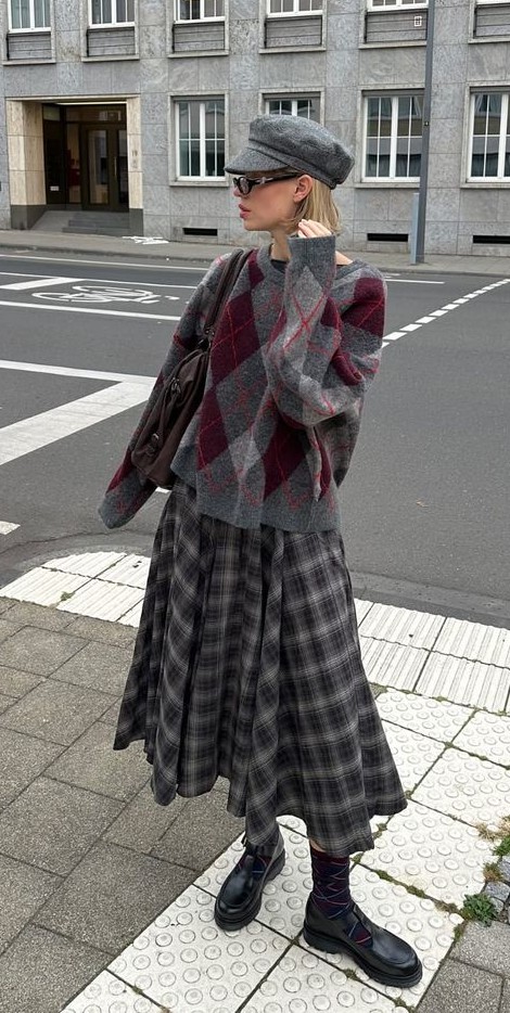 plaid maxi skirt and argyle sweater for winter casual outfits