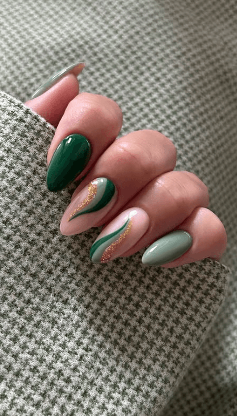 sage green swirl nails Thanksgiving nail ideas