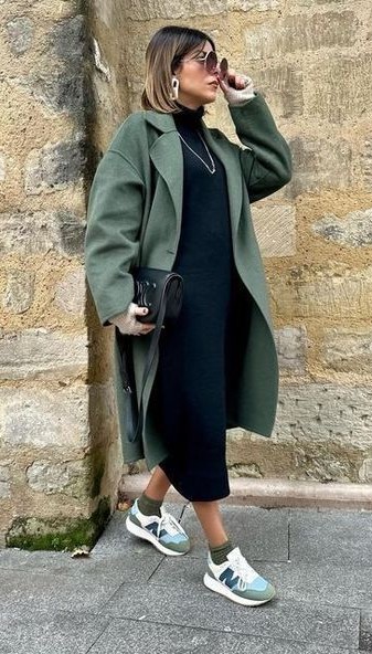 sporty sneakers with black midi dress and coat
