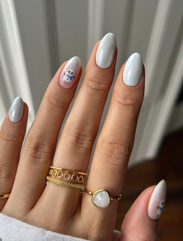 white chrome glitter nails, snowman nail art