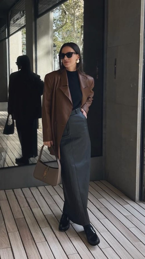 winter coffee date outfit with maxi skirt and blazer