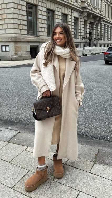 women winter beige long coat, luxury winter fashion