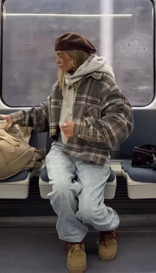 wool flannel jacket, hoodie, loose fit jeans and heavy boots